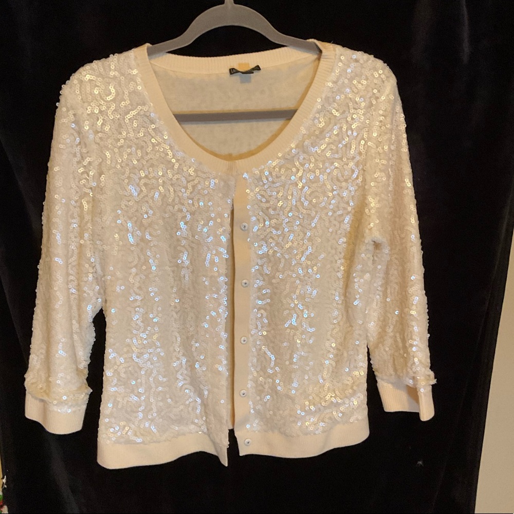 Lafayette 148 Wool Scoop Neck Cardigan with Sequin Embellishments